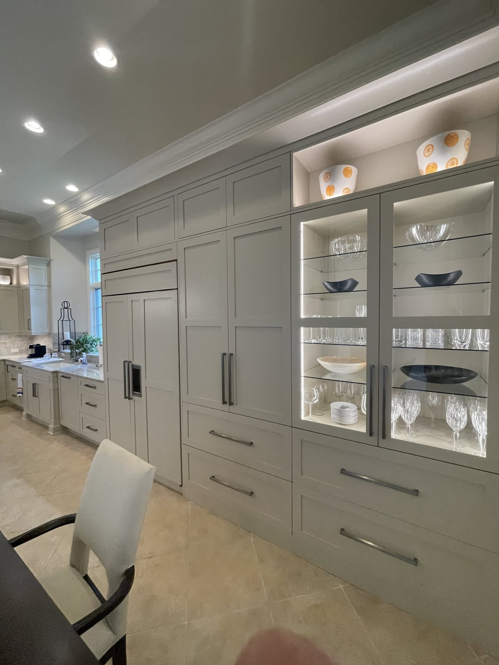 grey custom kitchen cabinets with built in china cabinet display